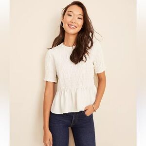 Ann Taylor Cream Smocked Peplum Blouse